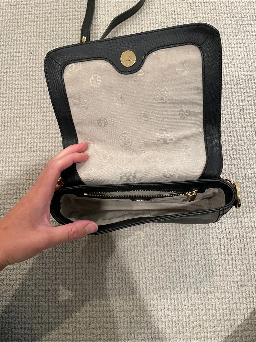 Tory Burch Black Leather Crossbody with Gold Chain Strap